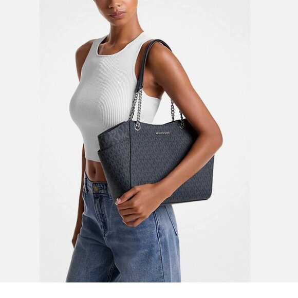 New Michael Kors Jet Set Large Signature Logo Shoulder Bag Admiral - Picture 2 of 4